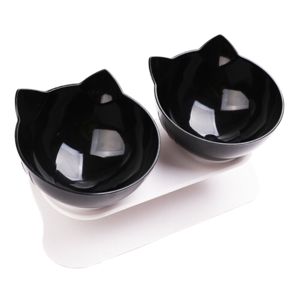 Black Double Cat Bowl Pet Bowl Stand Dog Elevated Feeder Food Water Raised Lifted V465-239159-BLACK