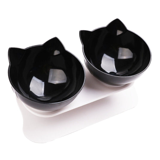 Black Double Cat Bowl Pet Bowl Stand Dog Elevated Feeder Food Water Raised Lifted V465-239159-BLACK