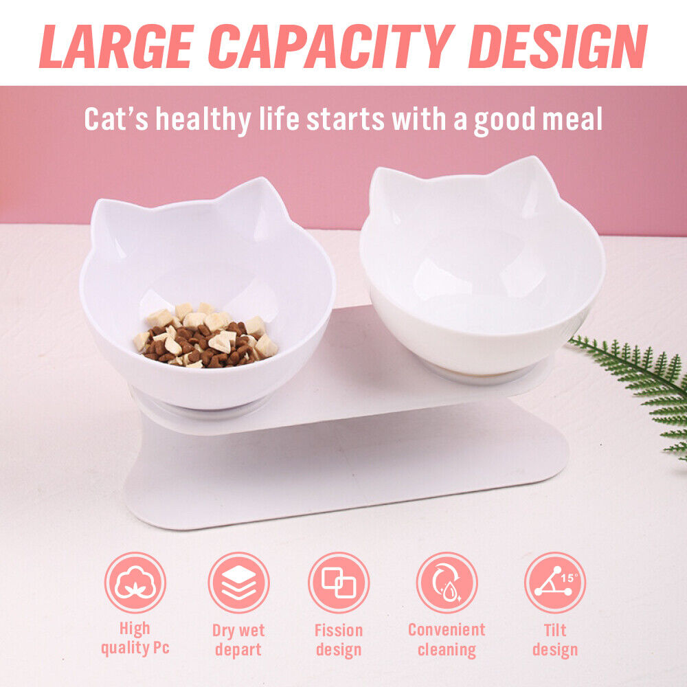 Black Double Cat Bowl Pet Bowl Stand Dog Elevated Feeder Food Water Raised Lifted V465-239159-BLACK