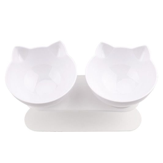 White Double Cat Bowl Pet Bowls Stand Dog Elevated Feeder Food Water Raised Lifted V465-239159-WHITE