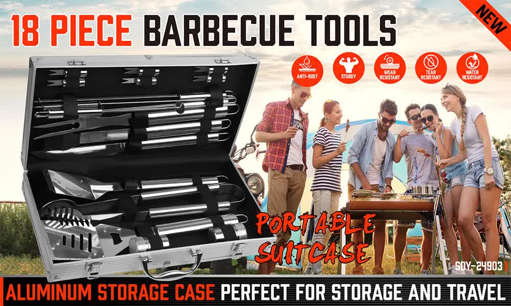 18Pcs BBQ Tool Set Stainless Steel Barbecue Utensil Cooking Grill Outdoor Cook V465-24903