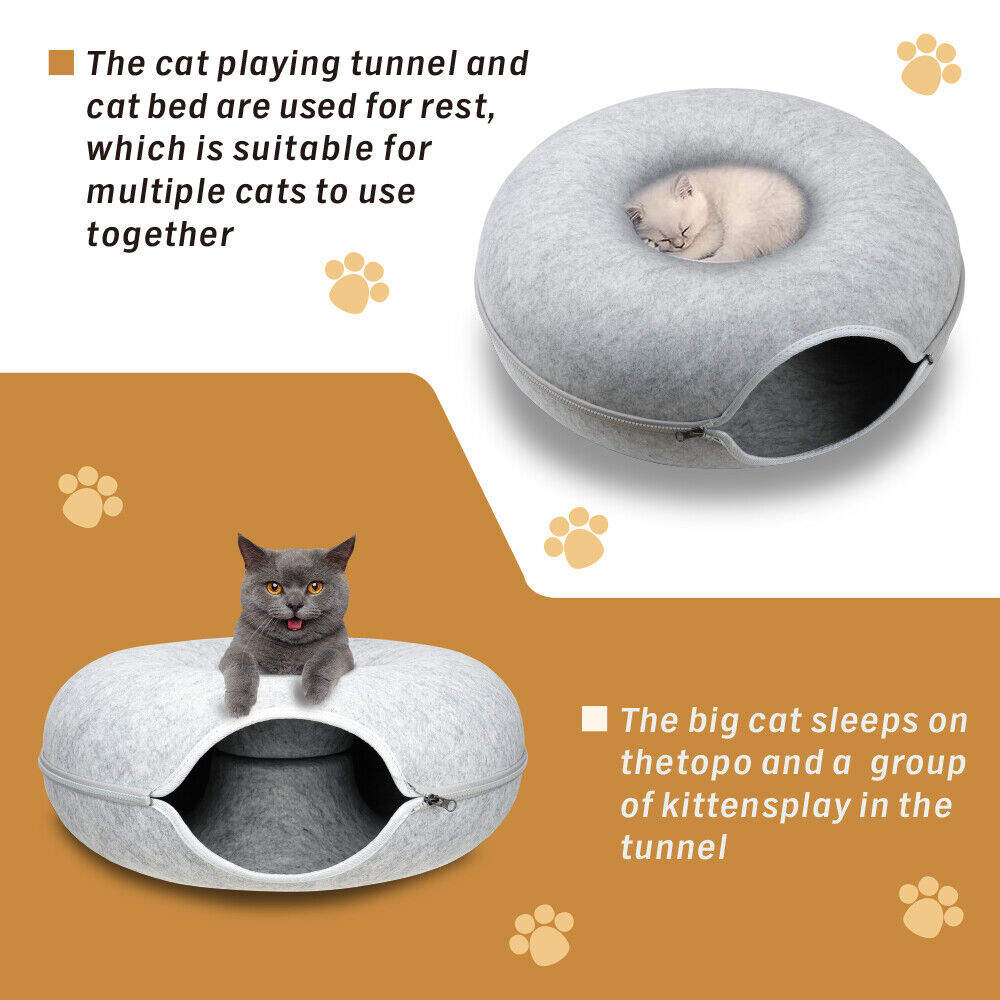 Medium Cat Tunnel Bed Light Grey Felt Pet Puppy Nest Cave House Interactive Toy V465-26820