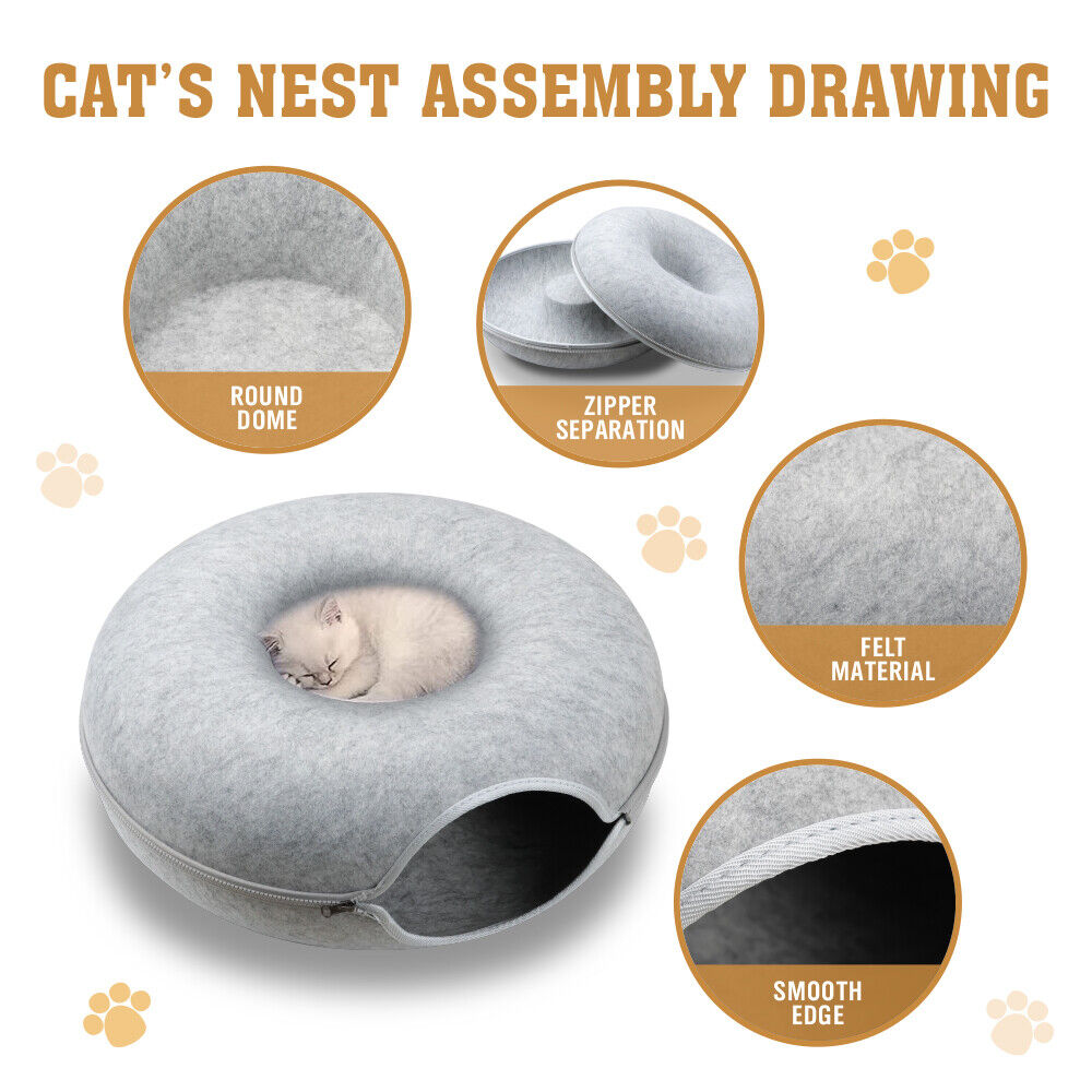Medium Cat Tunnel Bed Light Grey Felt Pet Puppy Nest Cave House Interactive Toy V465-26820