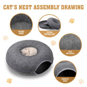 Dark Grey Cat Tunnel Bed Felt Pet Puppy Nest Cave House Toy Washable Detachable V465-26821