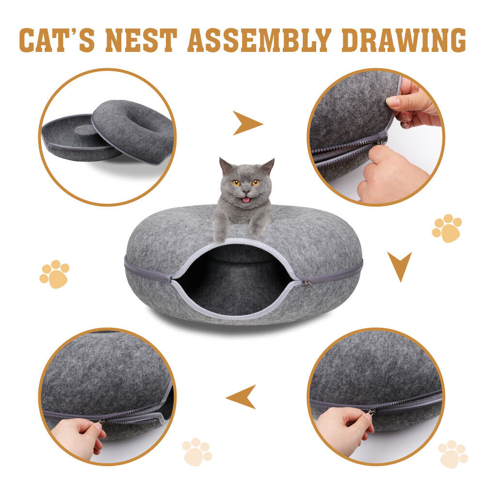 Dark Grey Cat Tunnel Bed Felt Pet Puppy Nest Cave House Toy Washable Detachable V465-26821