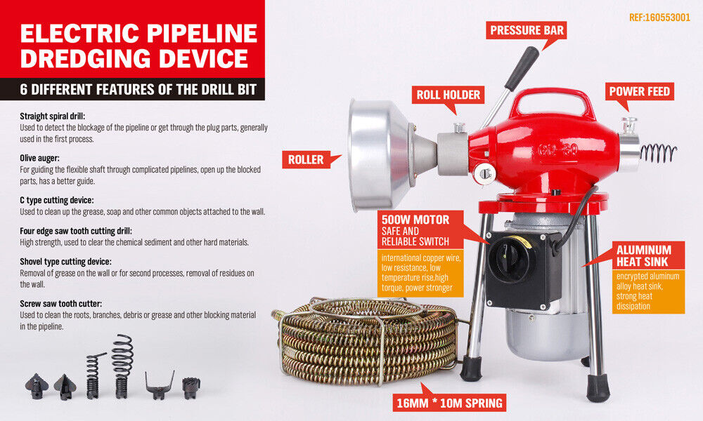 400W Drain Cleaner Electric Eel Rigid Plumbing Sewerage Pipe Machine 6 Cutters V465-53001-1