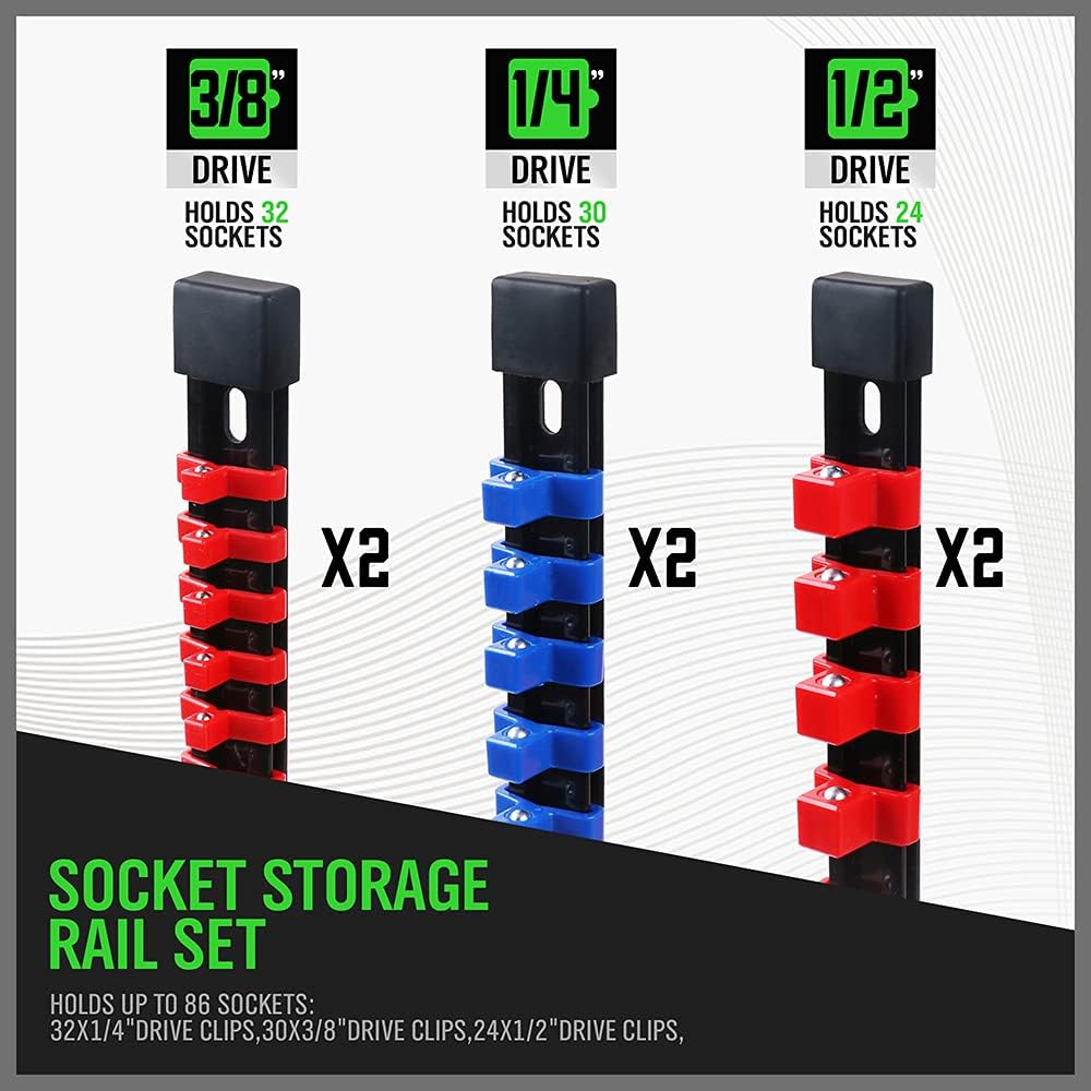 SWANLAKE 6-Piece Socket Organizer Set, Sockets Holder Rack Rail Mountable 86 Sliding Clips, Premium Quality V465-66015
