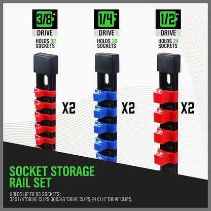 SWANLAKE 6-Piece Socket Organizer Set, Sockets Holder Rack Rail Mountable 86 Sliding Clips, Premium Quality V465-66015