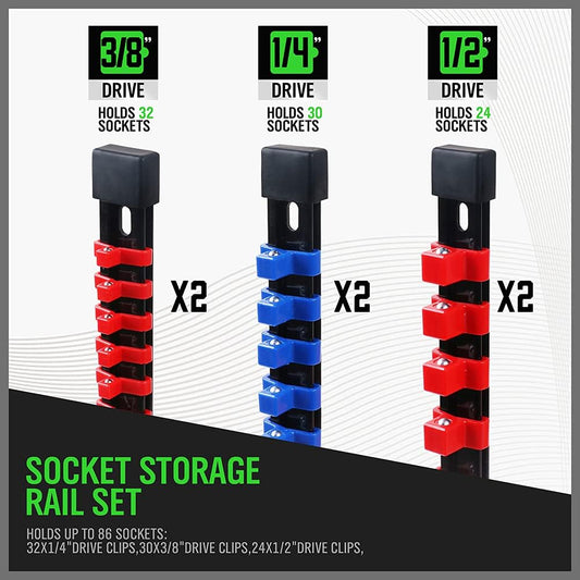 SWANLAKE 6-Piece Socket Organizer Set, Sockets Holder Rack Rail Mountable 86 Sliding Clips, Premium Quality V465-66015