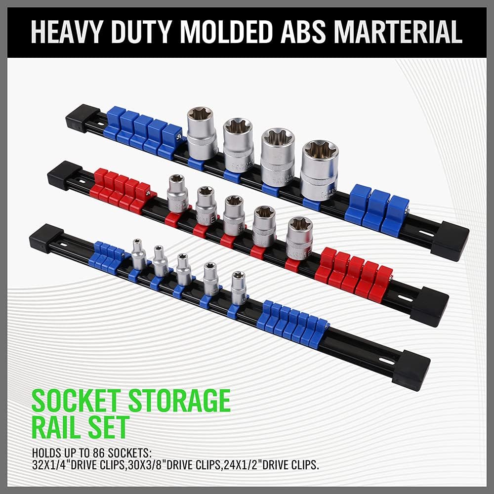 SWANLAKE 6-Piece Socket Organizer Set, Sockets Holder Rack Rail Mountable 86 Sliding Clips, Premium Quality V465-66015