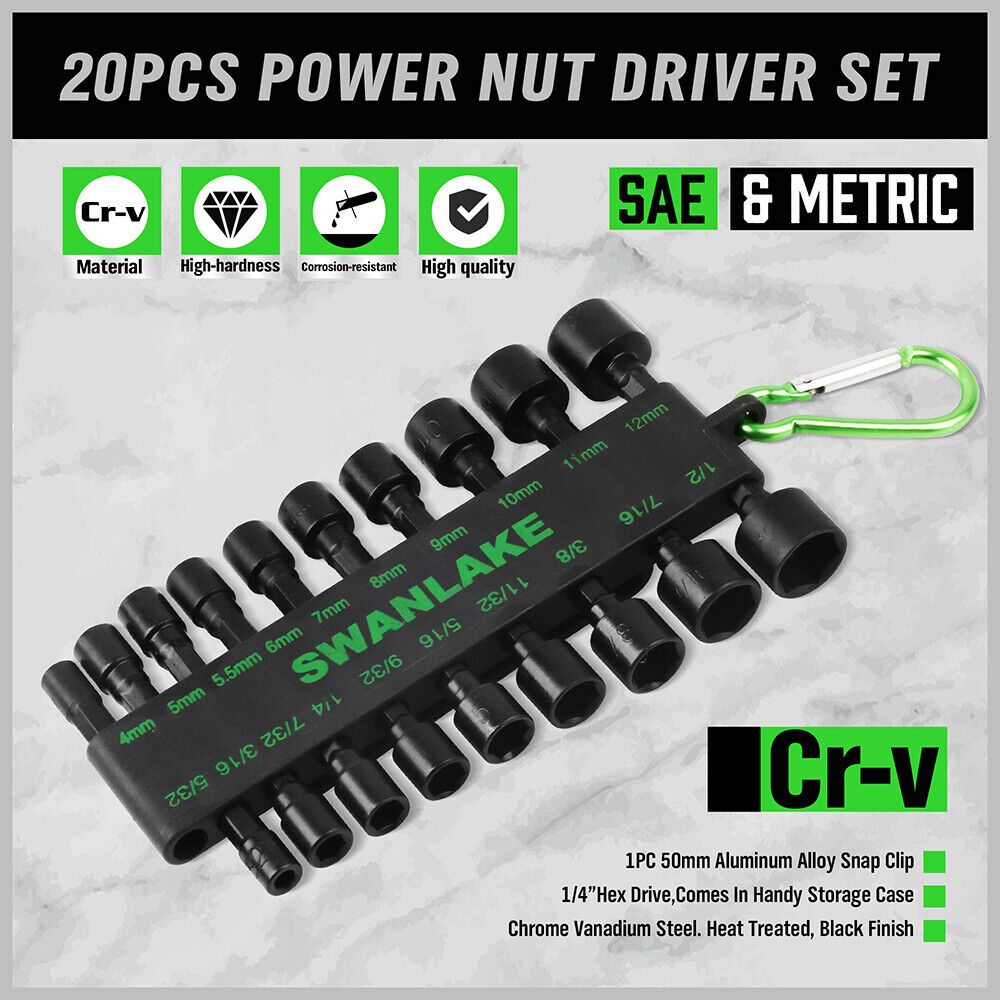 Swanlake 20Pcs Garden Tools Power Nut Driver Set Impact Drill SAE and Metric(will be no tracking) V465-66036