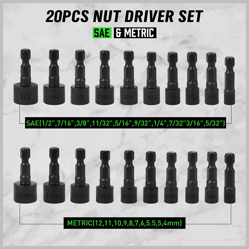 Swanlake 20Pcs Garden Tools Power Nut Driver Set Impact Drill SAE and Metric(will be no tracking) V465-66036