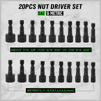 Swanlake 20Pcs Garden Tools Power Nut Driver Set Impact Drill SAE and Metric(will be no tracking) V465-66036