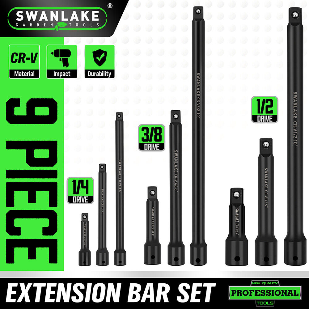 9Pcs Extension Bar Set 1/4" 3/8" 1/2" Black Drive Socket Auto Repairing V465-66039
