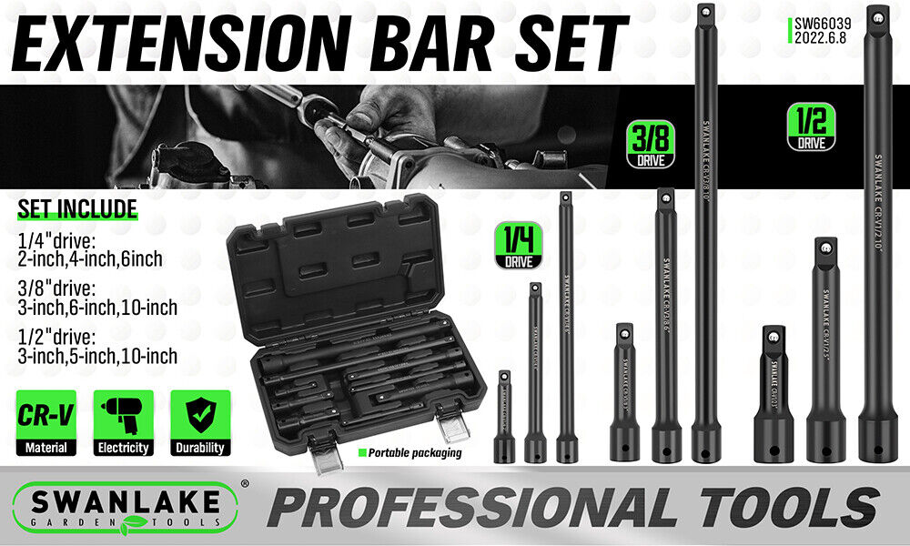 9Pcs Extension Bar Set 1/4" 3/8" 1/2" Black Drive Socket Auto Repairing V465-66039