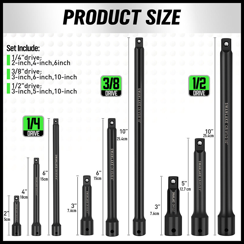 9Pcs Extension Bar Set 1/4" 3/8" 1/2" Black Drive Socket Auto Repairing V465-66039