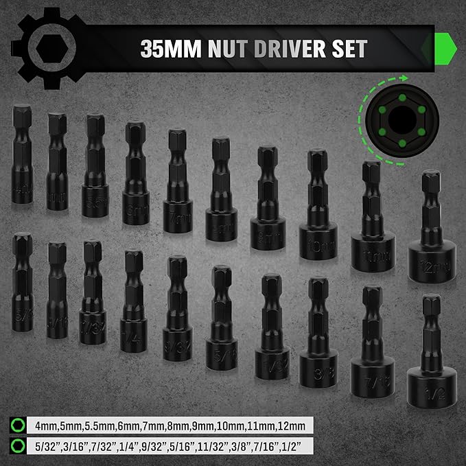 SWANLAKE SWANLAKE 39PCS Magnetic Hex Nut Driver Master Kit,1/4" Quick-Change Hex Shank, SAE & Metric Power V465-66046
