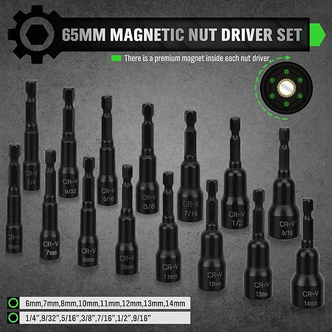 SWANLAKE SWANLAKE 39PCS Magnetic Hex Nut Driver Master Kit,1/4" Quick-Change Hex Shank, SAE & Metric Power V465-66046