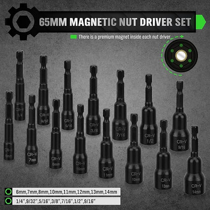 SWANLAKE SWANLAKE 39PCS Magnetic Hex Nut Driver Master Kit,1/4" Quick-Change Hex Shank, SAE & Metric Power V465-66046