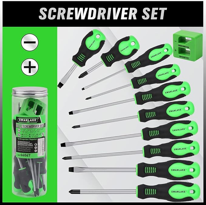 SWANLAKE 11PCS Screwdriver Set, Magnetic 5 Phillips and 5 Flat Head Tips for Fastening and Loosening Seized V465-66067