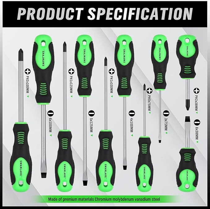 SWANLAKE 11PCS Screwdriver Set, Magnetic 5 Phillips and 5 Flat Head Tips for Fastening and Loosening Seized V465-66067