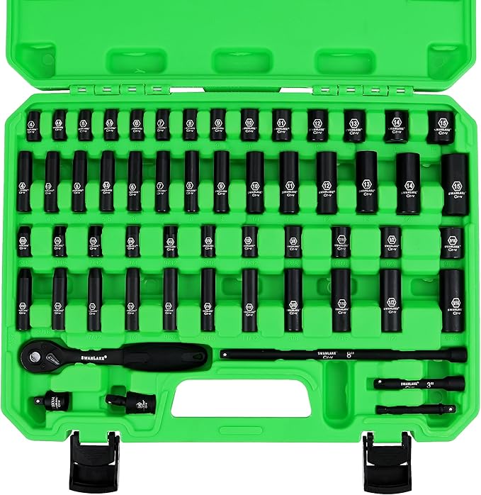 SWANLAKE 1/4" Drive Impact Socket Set, 56-Piece Standard SAE (5/32 to 9/16 inch) and Metric (4-15mm) Size, 6 V465-66107