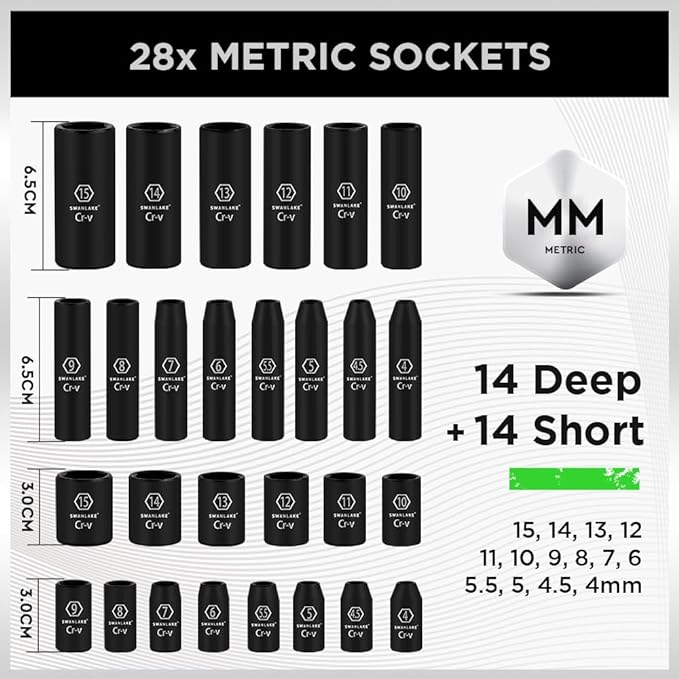 SWANLAKE 1/4" Drive Impact Socket Set, 56-Piece Standard SAE (5/32 to 9/16 inch) and Metric (4-15mm) Size, 6 V465-66107