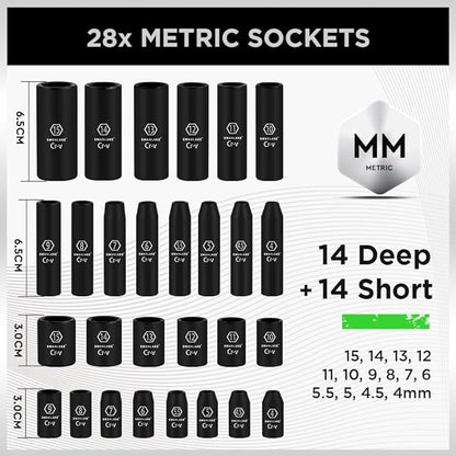 SWANLAKE 1/4" Drive Impact Socket Set, 56-Piece Standard SAE (5/32 to 9/16 inch) and Metric (4-15mm) Size, 6 V465-66107