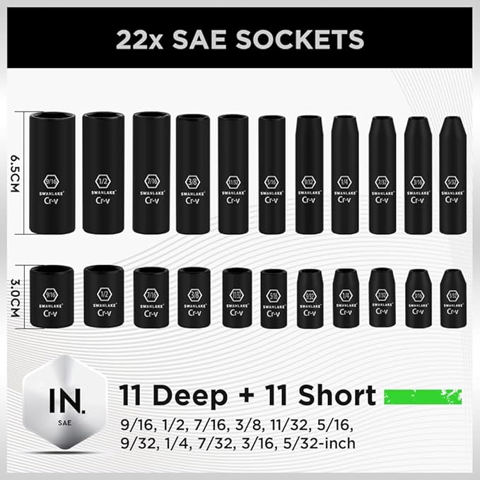 SWANLAKE 1/4" Drive Impact Socket Set, 56-Piece Standard SAE (5/32 to 9/16 inch) and Metric (4-15mm) Size, 6 V465-66107
