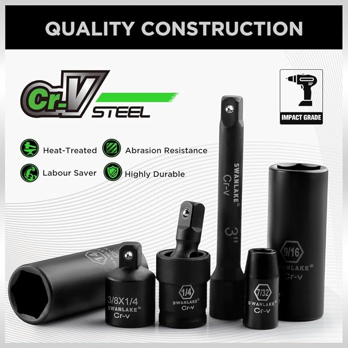 SWANLAKE 1/4" Drive Impact Socket Set, 56-Piece Standard SAE (5/32 to 9/16 inch) and Metric (4-15mm) Size, 6 V465-66107