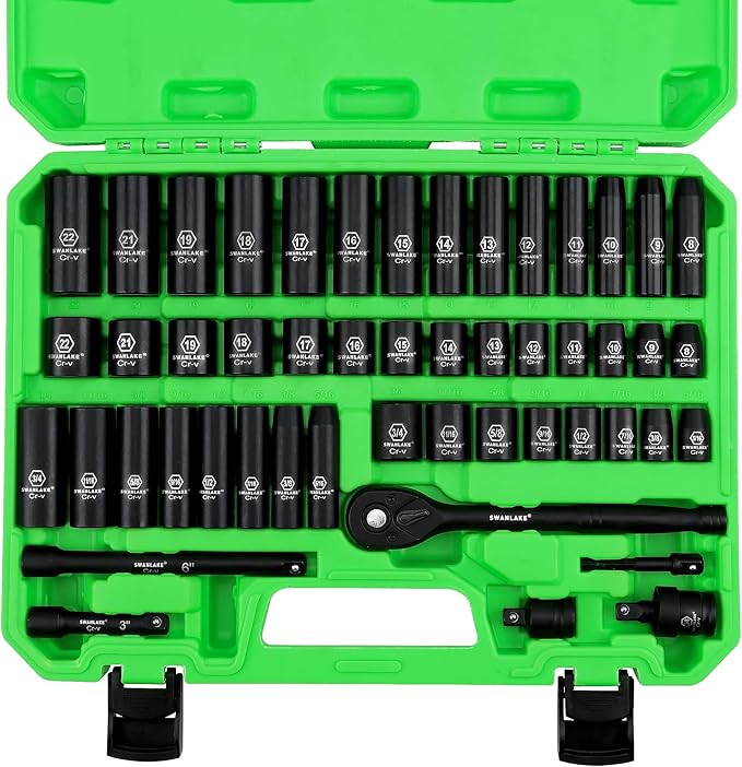 SWANLAKE 3/8" Drive Impact Socket Set, 50-Piece Standard SAE (5/16 to 3/4 inch) and Metric (8-22mm) Size, 6 V465-66108