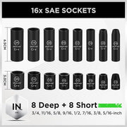 SWANLAKE 3/8" Drive Impact Socket Set, 50-Piece Standard SAE (5/16 to 3/4 inch) and Metric (8-22mm) Size, 6 V465-66108