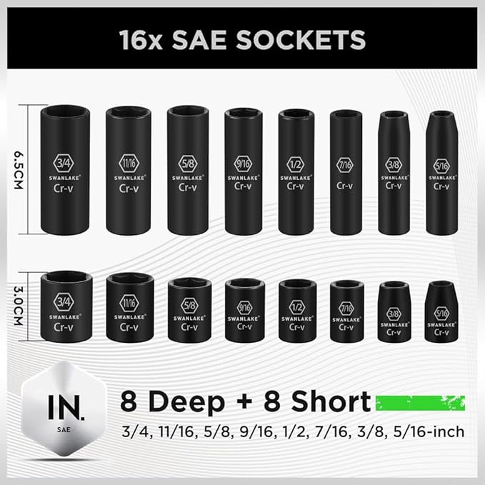 SWANLAKE 3/8" Drive Impact Socket Set, 50-Piece Standard SAE (5/16 to 3/4 inch) and Metric (8-22mm) Size, 6 V465-66108