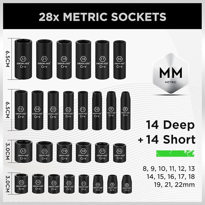 SWANLAKE 3/8" Drive Impact Socket Set, 50-Piece Standard SAE (5/16 to 3/4 inch) and Metric (8-22mm) Size, 6 V465-66108