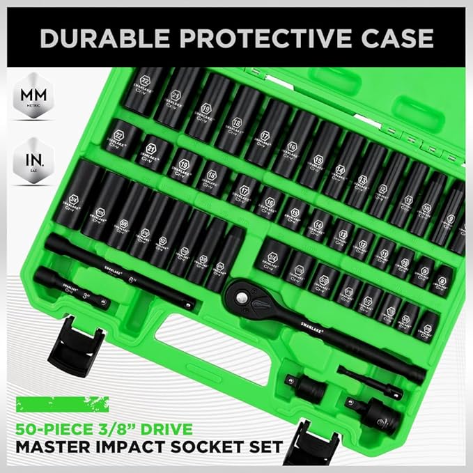 SWANLAKE 3/8" Drive Impact Socket Set, 50-Piece Standard SAE (5/16 to 3/4 inch) and Metric (8-22mm) Size, 6 V465-66108