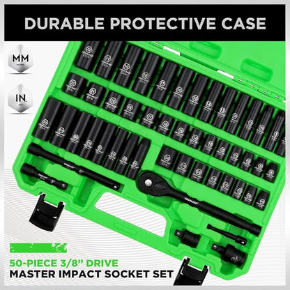 SWANLAKE 3/8" Drive Impact Socket Set, 50-Piece Standard SAE (5/16 to 3/4 inch) and Metric (8-22mm) Size, 6 V465-66108