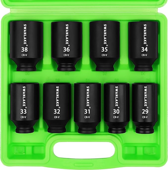 SWANLAKE 9-Piece 1/2" Drive Jumbo Impact Socket Set, Metric 29mm-38mm Large Socksts Spindle Axle Nut Impact V465-66118
