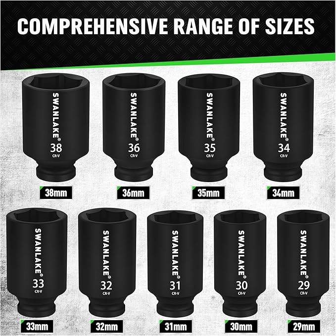 SWANLAKE 9-Piece 1/2" Drive Jumbo Impact Socket Set, Metric 29mm-38mm Large Socksts Spindle Axle Nut Impact V465-66118