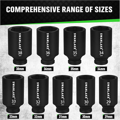 SWANLAKE 9-Piece 1/2" Drive Jumbo Impact Socket Set, Metric 29mm-38mm Large Socksts Spindle Axle Nut Impact V465-66118