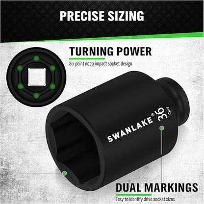 SWANLAKE 9-Piece 1/2" Drive Jumbo Impact Socket Set, Metric 29mm-38mm Large Socksts Spindle Axle Nut Impact V465-66118