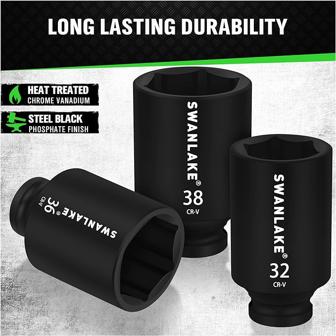 SWANLAKE 9-Piece 1/2" Drive Jumbo Impact Socket Set, Metric 29mm-38mm Large Socksts Spindle Axle Nut Impact V465-66118