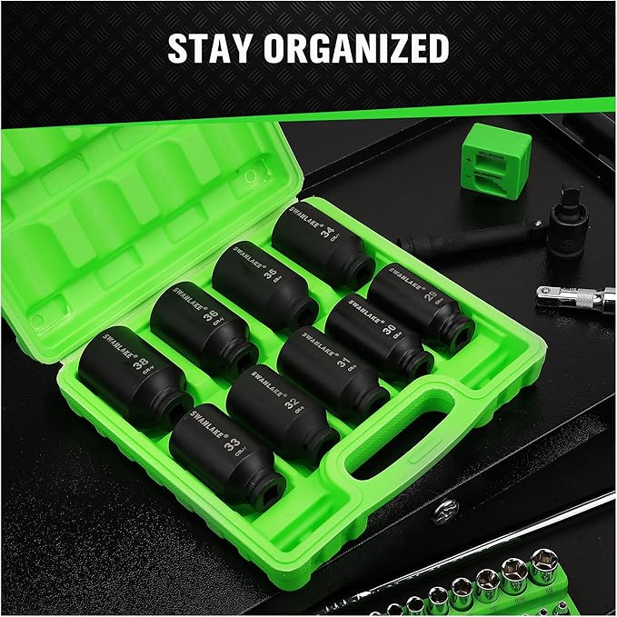 SWANLAKE 9-Piece 1/2" Drive Jumbo Impact Socket Set, Metric 29mm-38mm Large Socksts Spindle Axle Nut Impact V465-66118