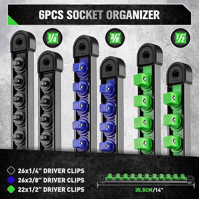 SWANLAKE 6-Piece Swivel Socket Organiser Set, 1/4-Inch x 26 Clips, 3/8-Inch x 26 Clips, 1/2-Inch x 22 Clips, V465-66138