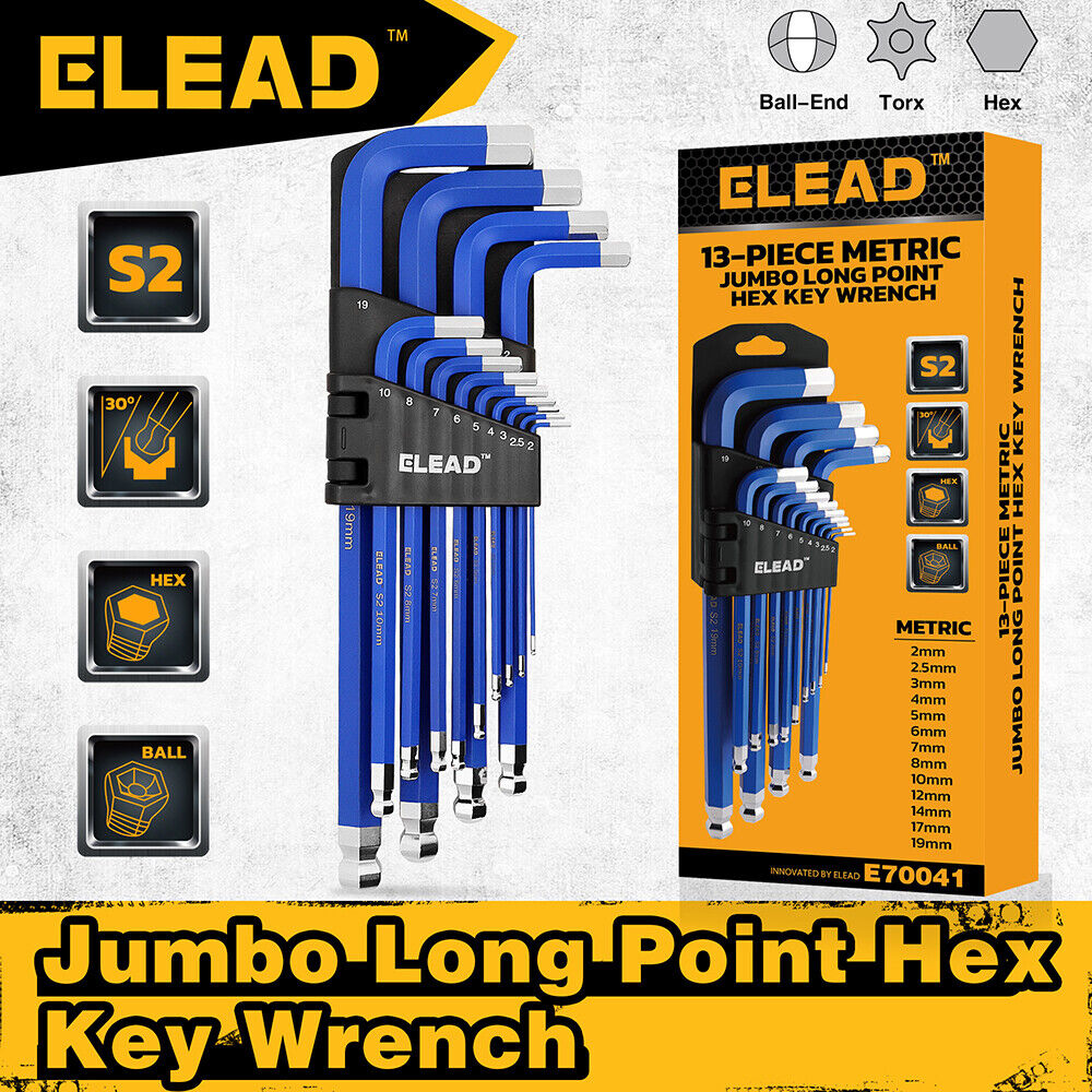 ELEAD 13Pc Extra Large Hex Key Set Long Allen Key Wrench Ball End Metric 2-19mm V465-70041