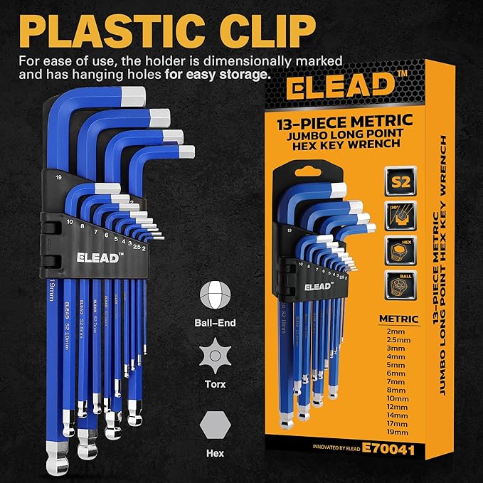 ELEAD Jumbo Hex Key Allen Wrench Set | 13-Piece Metric 2-19mm | Long Ball End Durable CR-V | Automotive | V465-70041-ELD