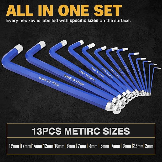 ELEAD Jumbo Hex Key Allen Wrench Set | 13-Piece Metric 2-19mm | Long Ball End Durable CR-V | Automotive | V465-70041-ELD