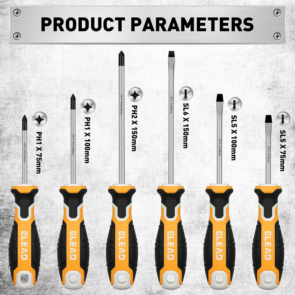 ELEAD 6Pcs Magnetic Screwdriver Set Phillips Slotted Non-Slip Handle Crv V465-70051