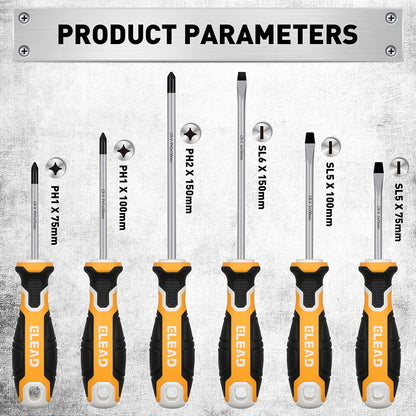 ELEAD 6Pcs Magnetic Screwdriver Set Phillips Slotted Non-Slip Handle Crv V465-70051
