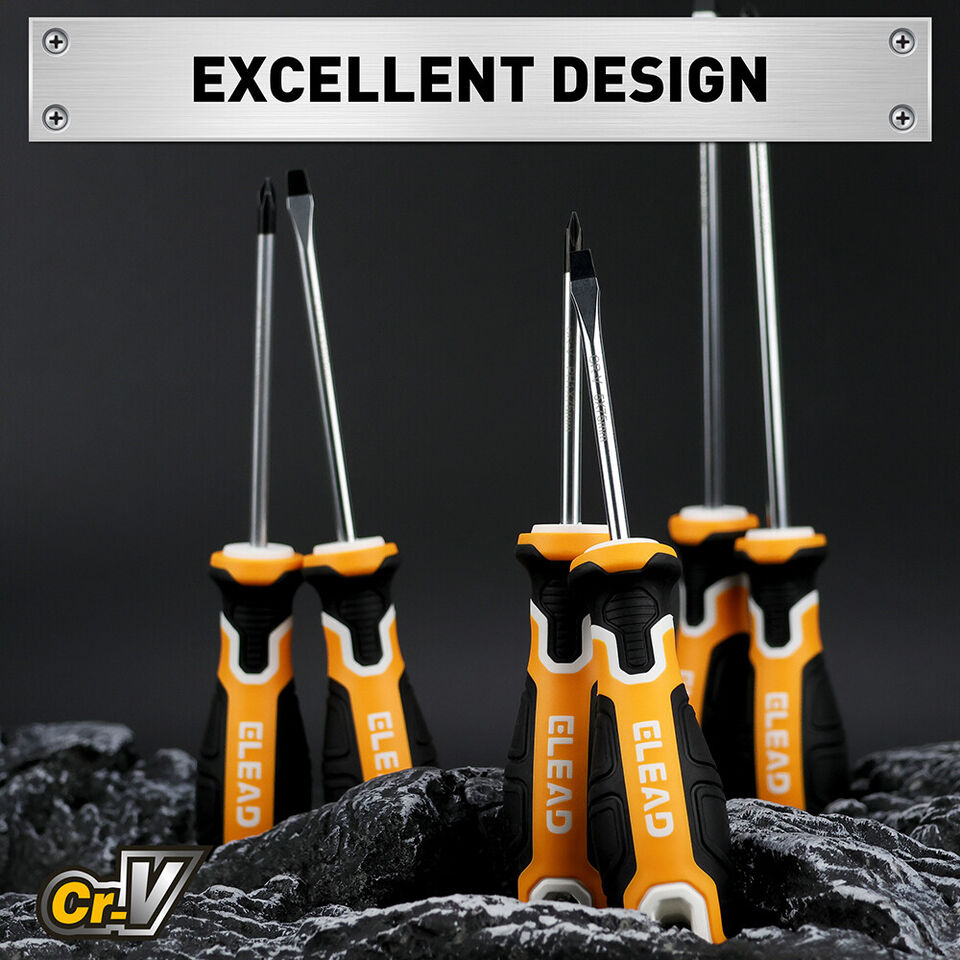 ELEAD 6Pcs Magnetic Screwdriver Set Phillips Slotted Non-Slip Handle Crv V465-70051