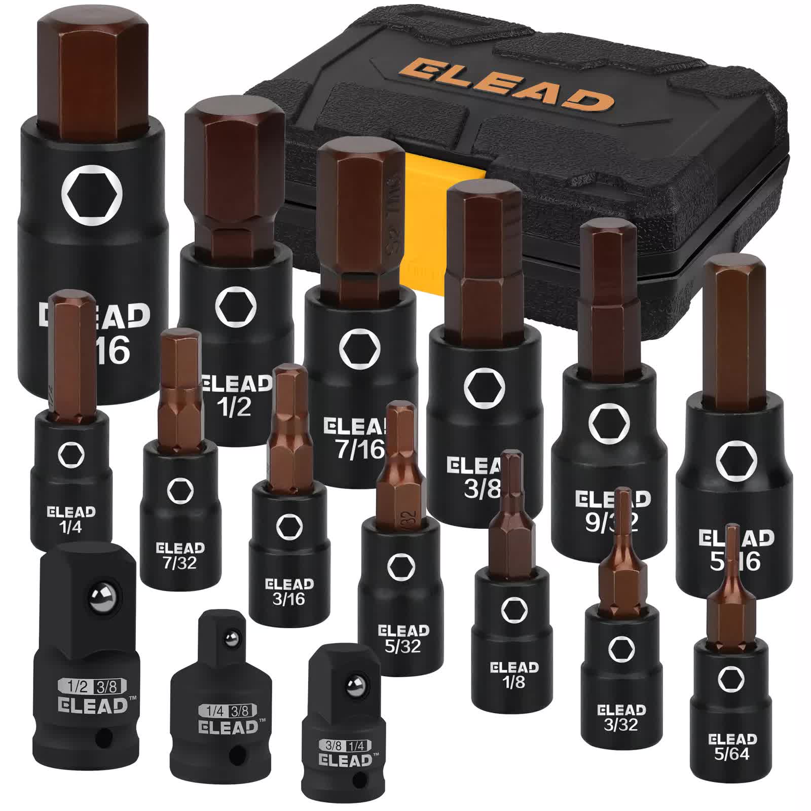 16Pc SAE Hex Bit Impact Socket Set 5/64"-9/16" Allen Socket Set Socket Adapter V465-70072